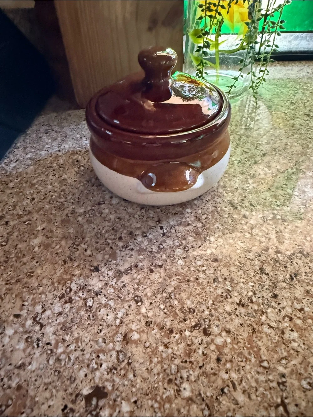 Vintage Brown & Cream Stoneware Lidded Bean Pot Crock